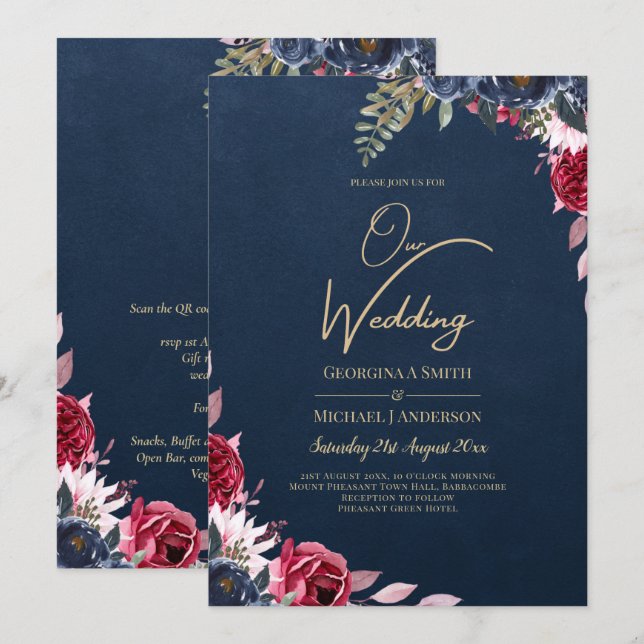 Invitación Caída del invierno de borgoña con flores de Berry  (Anverso / Reverso)