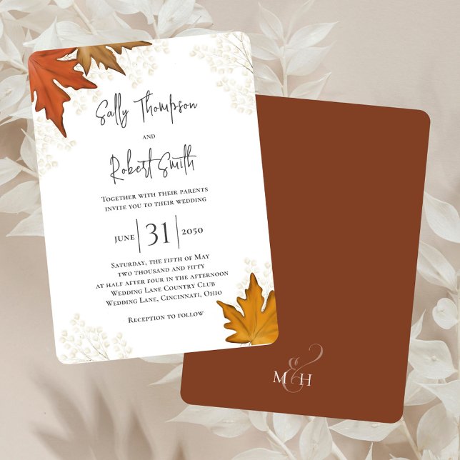 Invitación Caída del otoño de las hojas de acuarela de la bod (Elegant fall wedding invitation with watercolor leaves. )