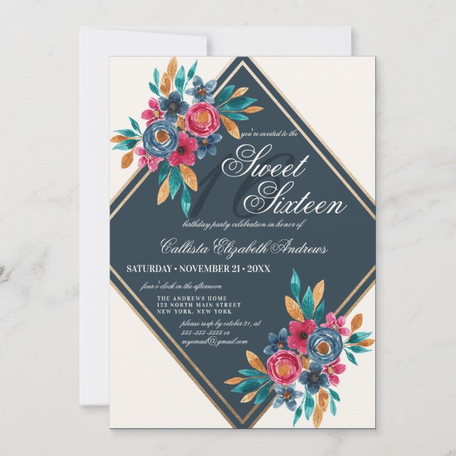 Invitación Caída del País Oro Azul Flores acuáticas Dulce 16 (Anverso)