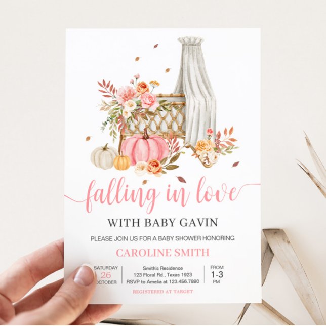 Invitación Caída En Amor Baby Shower De Calabaza Rosa (Fall Autumn Pumpkin Baby Shower Invitation)