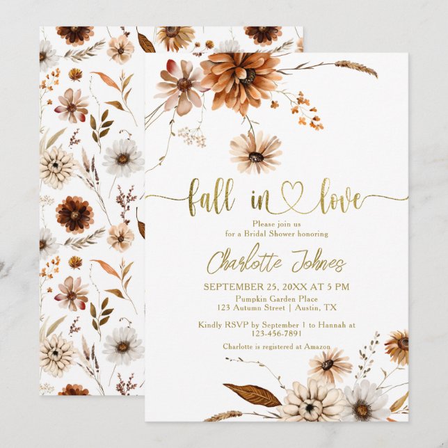 Invitación Caída En Amor Dorado Crema Terracotta Ducha De Nov (Anverso / Reverso)