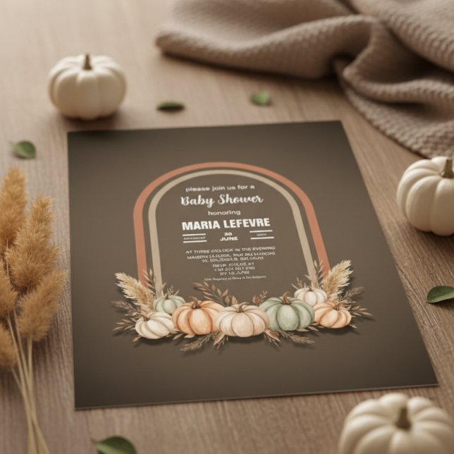 Invitación Caída en Baby Shower de la Calabaza de Taupe Boho  (Taupe Boho Arch Pumpkin Fall Baby Shower Invitation)