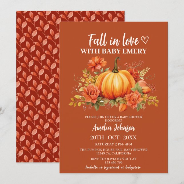 Invitación Caída en el amor acuarela calabaza floral ducha be (Anverso / Reverso)