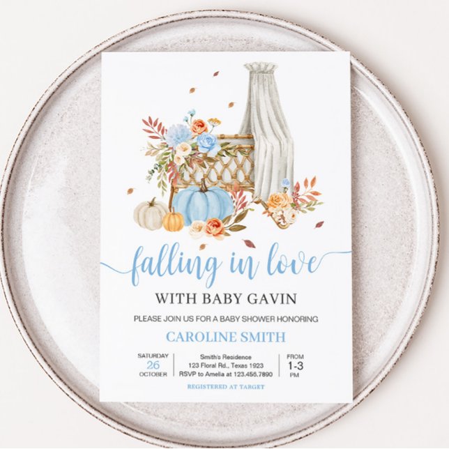 Invitación Caída en el amor Autumn Blue Pumpkin Baby Shower (Floral Blue Pumpkin Baby Shower Invitation)