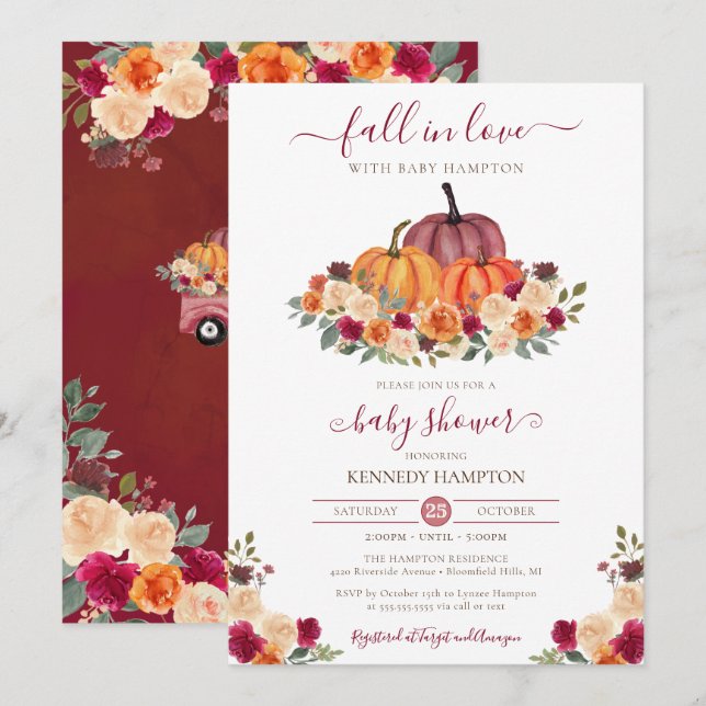 Invitación Caída en el amor Autumn Floral Pumpkin Baby Shower (Anverso / Reverso)
