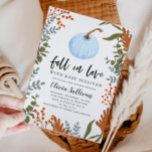 Invitación Caída en el Amor Azul Calabaza Baby Shower<br><div class="desc">Extraordinaria y rústica tarjeta de invitación a la ducha para bebés con ilustracion de calabaza azul con hojas de otoño y vegetación alrededor de la tarjeta. El texto dice "enamorarse del bebé XX". Perfecto para una ducha de niño alrededor de la hora de Acción de Gracias.</div>