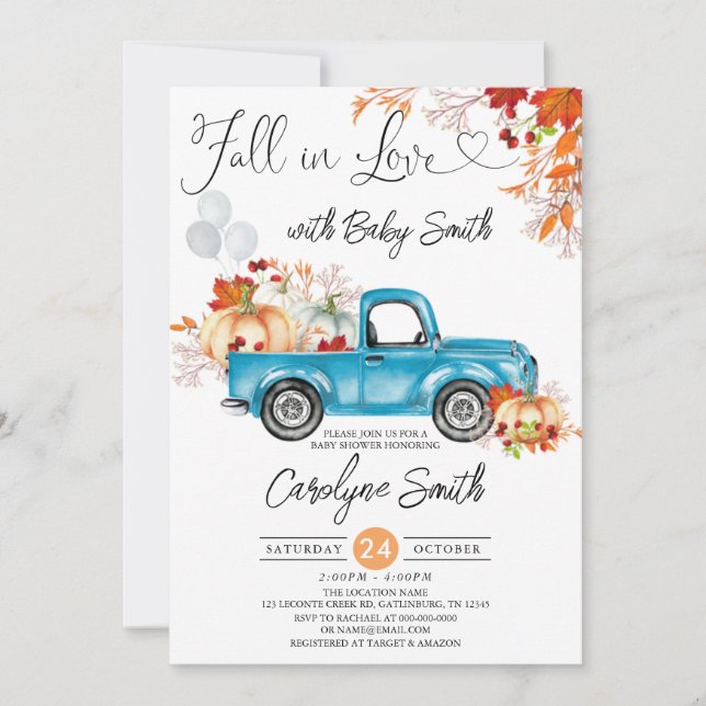Invitación Caída en el Amor Azul Calabaza Camión Baby Shower (Anverso)