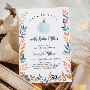 Invitación Caída en el Amor Azul Hoja De Calabaza Baby Shower