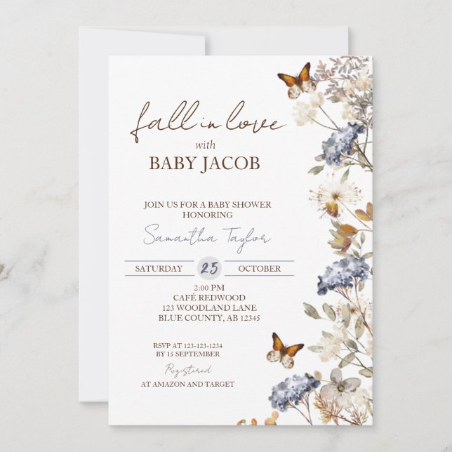 Invitación Caída en el amor Baby Shower, follaje otoñal, azul (Anverso)