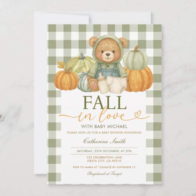 Invitación Caída en el amor Bear Pumpkin Bebé ducha Gingham (Anverso)