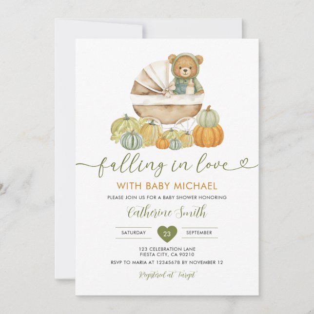 Invitación Caída en el amor Bear Pumpkin Bebé ducha Gingham (Anverso)
