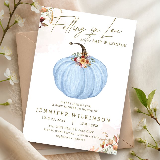 Invitación Caída en el amor Blue Calmpkin Boy Baby Shower (Fall in Love Blue Pumpkin Boy Baby Shower Invitation)