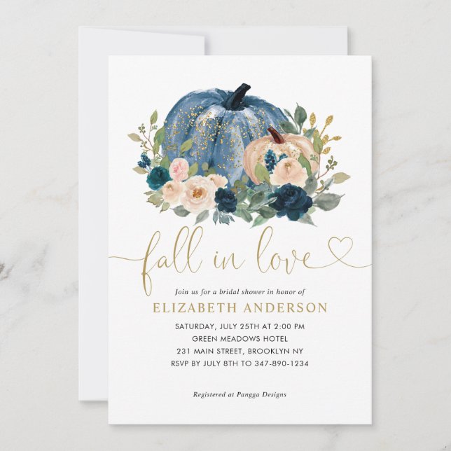 Invitación Caída en el amor Blue Floral Calabaza Bridal Showe (Anverso)
