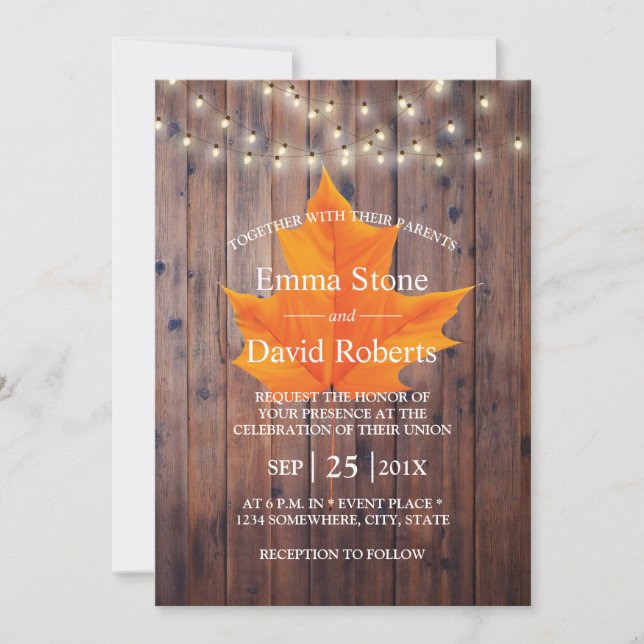 Invitación Caída en el amor Boda de luces de cuerdas de hojas (Anverso)