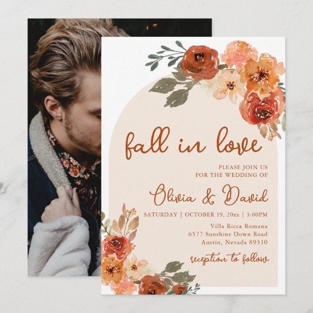 Invitación Caída en el amor Boho Boda de otoño floral (Anverso / Reverso)