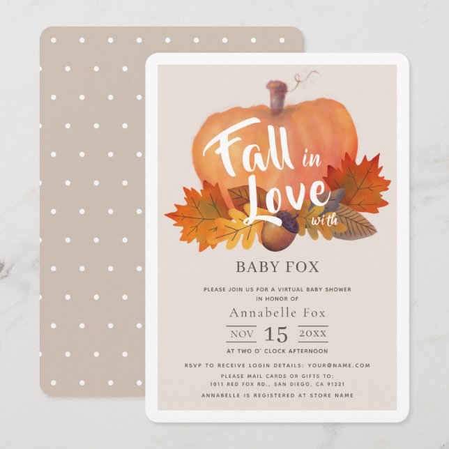 Invitación Caída en el amor Calabaza Baby Shower virtual Beig (Anverso / Reverso)