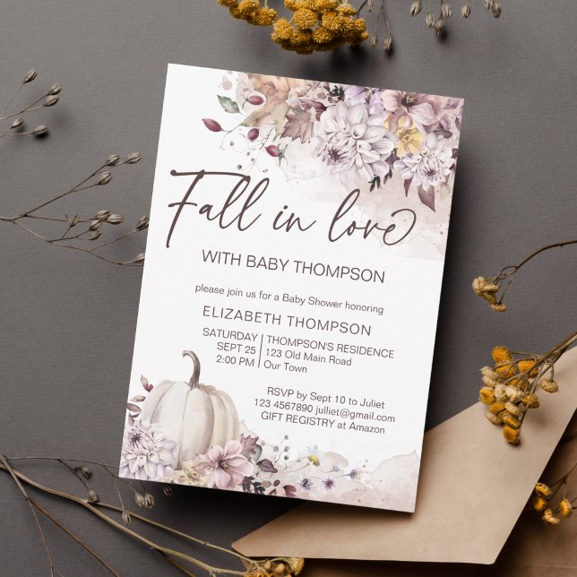 Invitación Caída en el amor Calabaza de hojas pastel ducha de (Fall in love autumn baby shower chrysanthemums pumpkin watercolor foliage invite template )