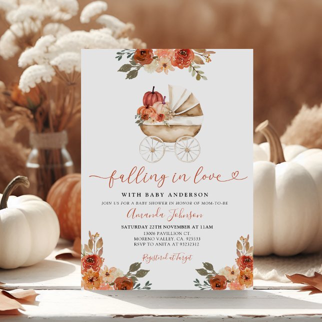 Invitación Caída En El Amor Calabaza Stroller Floral Baby Sho (Subido por el creador)