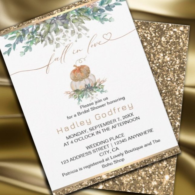 Invitación Caída en el Amor Elegante Calabaza de Oro Boda (#zazzlemade #goldpumpkin #whiteandgoldpumpkin #fallinlove #wedding #autumninvitation)