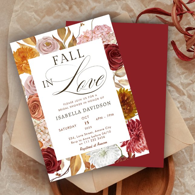 Invitación Caída en el amor Floral Otoño Ducha Bridal (Fall in Love Floral Rust Autumn Bridal Shower Invitation)