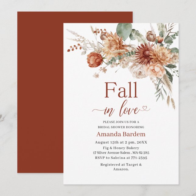 Invitación Caída en el amor Flores acuarela ducha de novia (Anverso / Reverso)