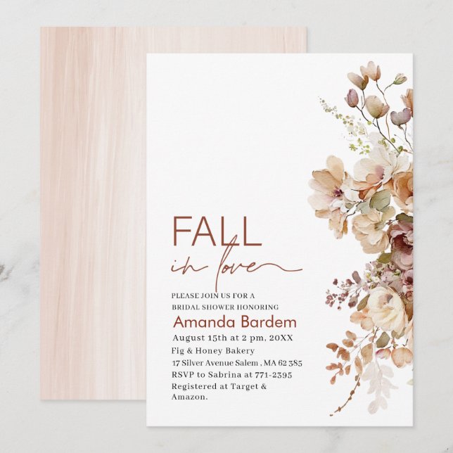 Invitación Caída en el Amor Flores Acuarela ducha de novia en (Anverso / Reverso)