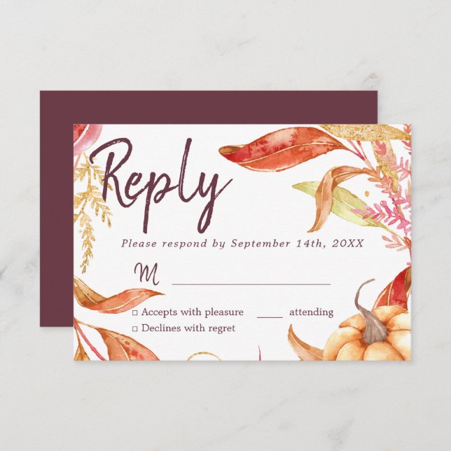 Invitación Caída en el amor Foliage de Otoño Borgoña RSVP (Anverso / Reverso)