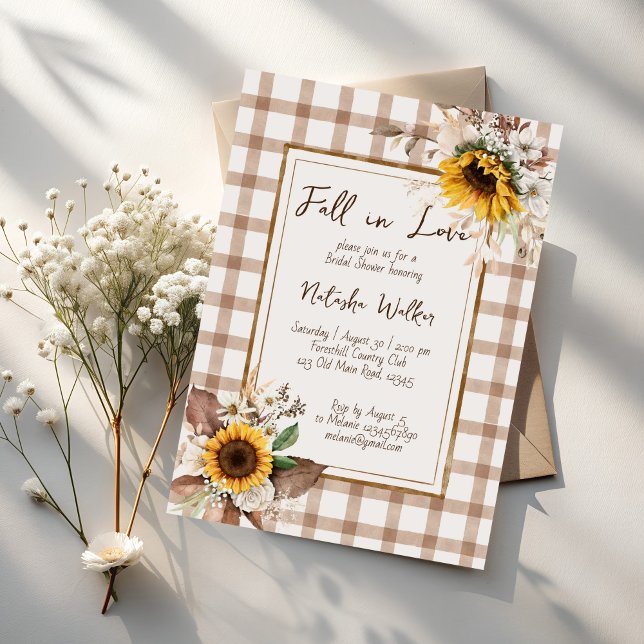 Invitación Caída en el amor girasoles país ducha de novia (Fall in love sunflowers terracotta gingham country bridal shower invitation cards template)