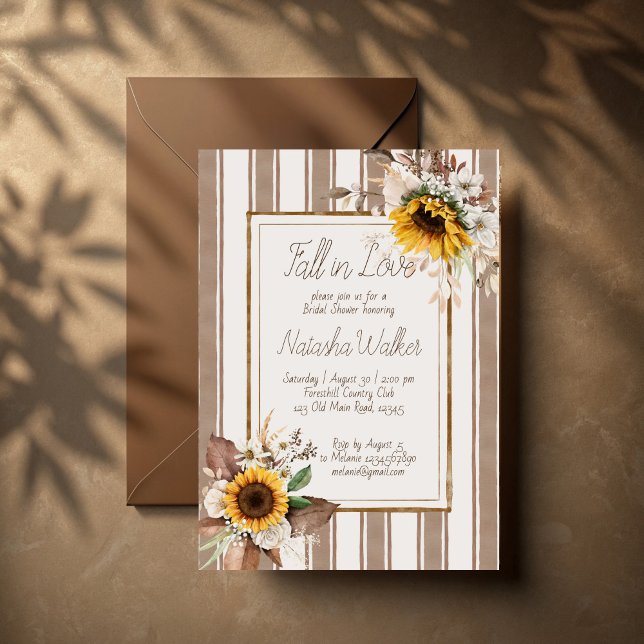 Invitación Caída en el amor girasoles rayas marrones ducha de (Fall in love sunflowers brown stripes bridal shower invitation template terracotta retro invites)