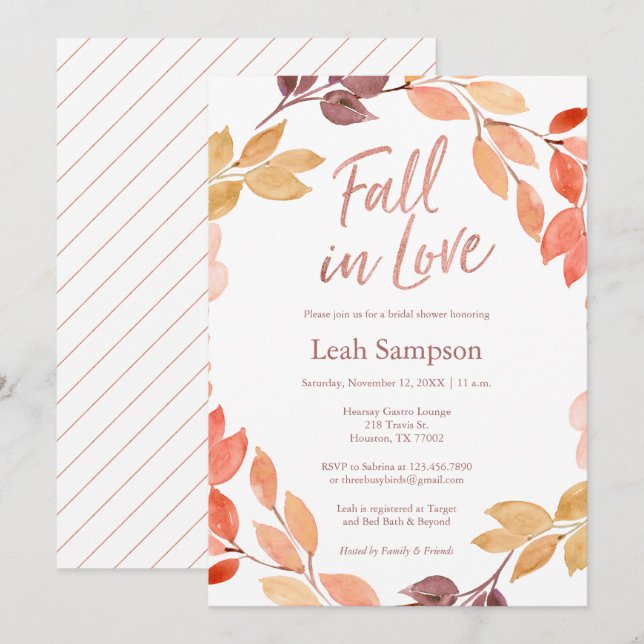 Invitación Caída en el amor la acuarela deja ducha de novia (Anverso / Reverso)