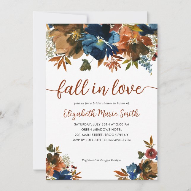 Invitación Caída en el amor Marina Floral Ducha Naranja Azul  (Anverso)