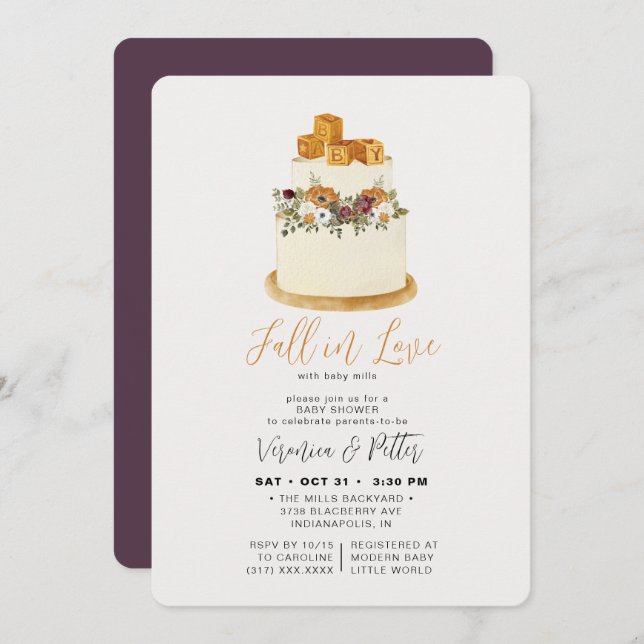 Invitación Caída en el amor Morado del Pastel de Baby Shower  (Anverso / Reverso)