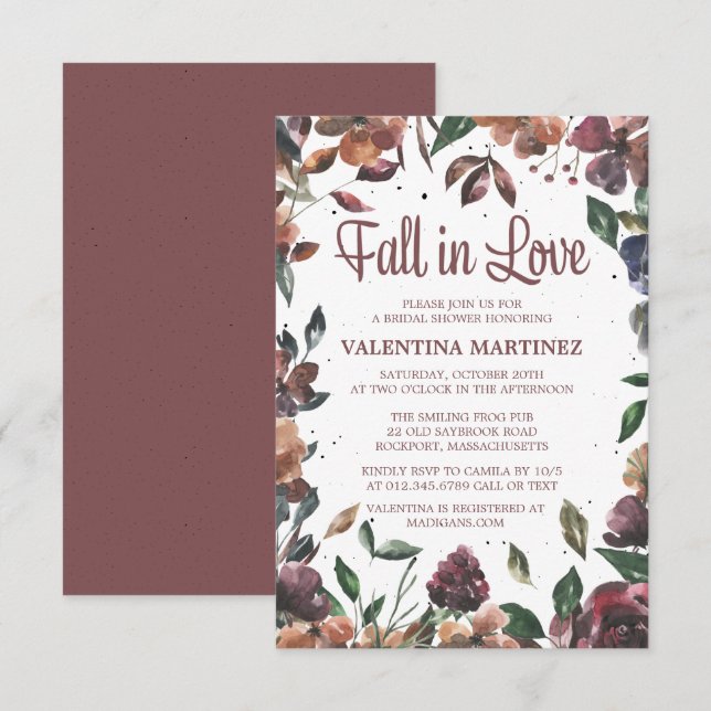 Invitación Caída en el amor Morple Floral Bridal Shower (Anverso / Reverso)