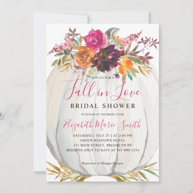 Invitación Caída en el amor Morple Floral Calabaza Bridal Sho (Anverso)