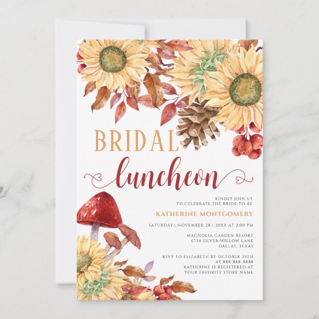 Invitación Caída En El Amor Mushroom Sunflowers Bridal Lunche (Anverso)