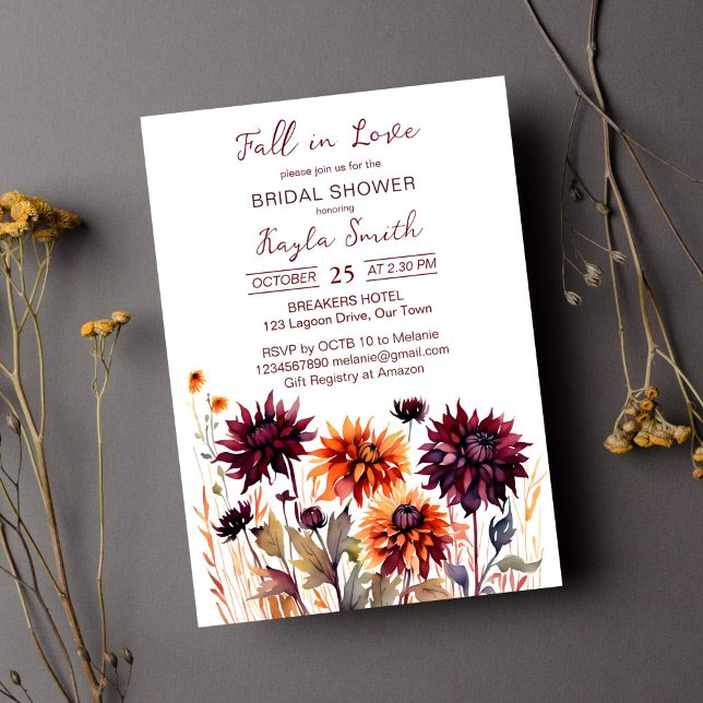 Invitación Caída en el amor naranja burdeos dahlias ducha de  (Fall in love bridal shower template invitations instant download burgundy and orange dahlias )
