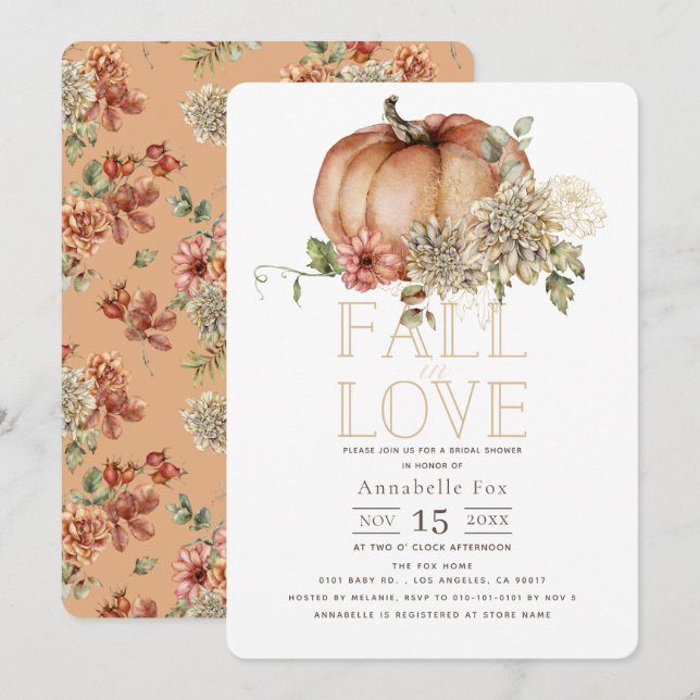 Invitación Caída en el amor Naranja Floral Calabaza ducha de  (Anverso / Reverso)