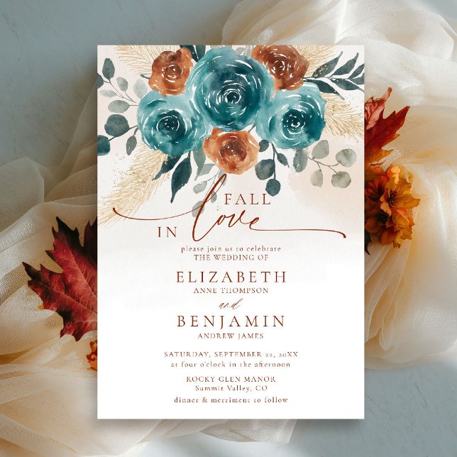 Invitación Caída en el amor Naranja quemado Verde azulado Boh (fall in love wedding invitation teal burnt orange terracotta watercolor floral botanical earthy chic)