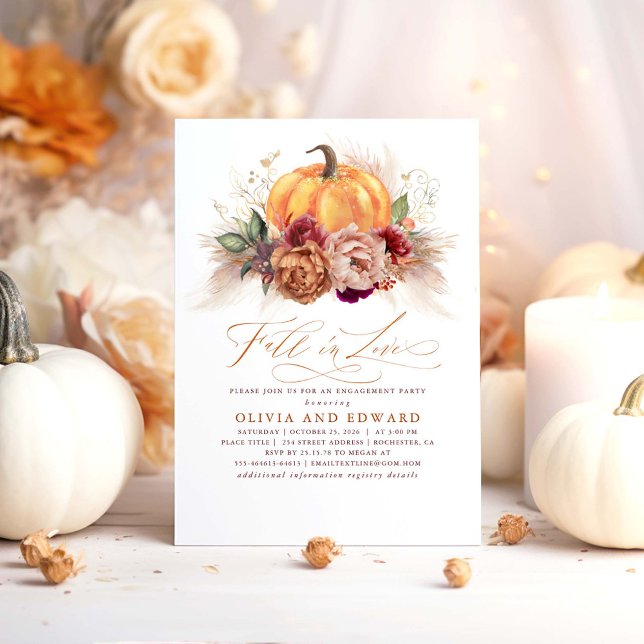 Invitación Caída en el amor Partido Compromiso Flores de óxid (Fall In Love Orange Pumpkin and Rustic Blooms Engagement Party Invitations)