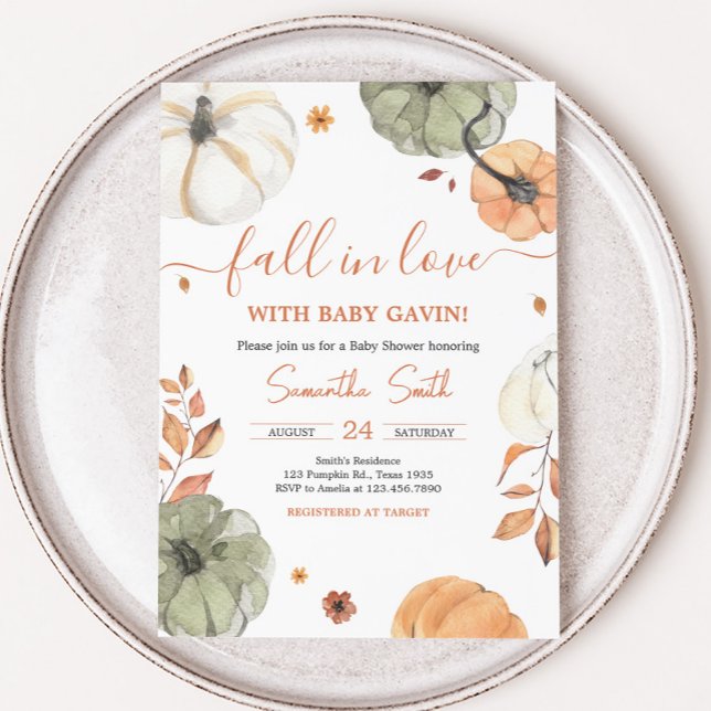 Invitación Caída en el amor Pumpkin Baby Shower (Pumpkin Baby Shower Invitation)