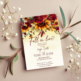 Invitación Caída en el amor rosas burdeos girasoles novia