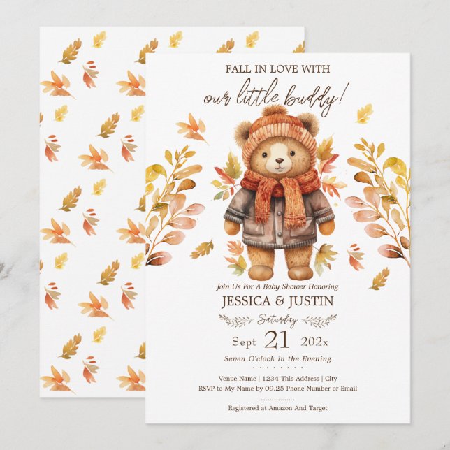 Invitación Caída en el amor Teddy Bear deja Baby Shower (Anverso / Reverso)