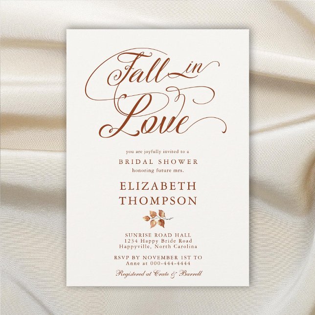 Invitación Caída en el amor Terracota ducha de novias de hoja (fall in love bridal shower invitation terracotta elegant rustic boho romantic calligraphy leaves)