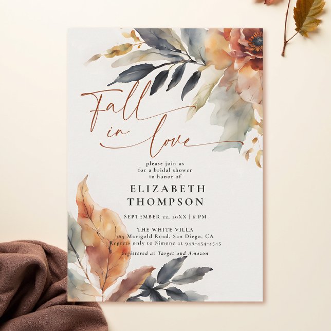 Invitación Caída en el amor Terracotta deja dudosa ducha de n (fall bridal shower invitations botanical foliage terracotta burnt orange leaves watercolor)