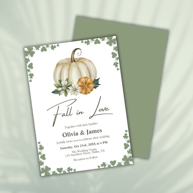 Invitación Caída en el amor Verdor Boda de calabaza verde (Fall in Love Greenery Sage Green Pumpkin Wedding Invitation )