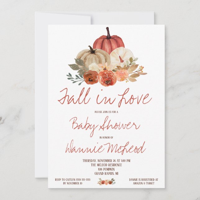 Invitación Caída enamorada, Baby Shower floral de calabaza ot (Anverso)