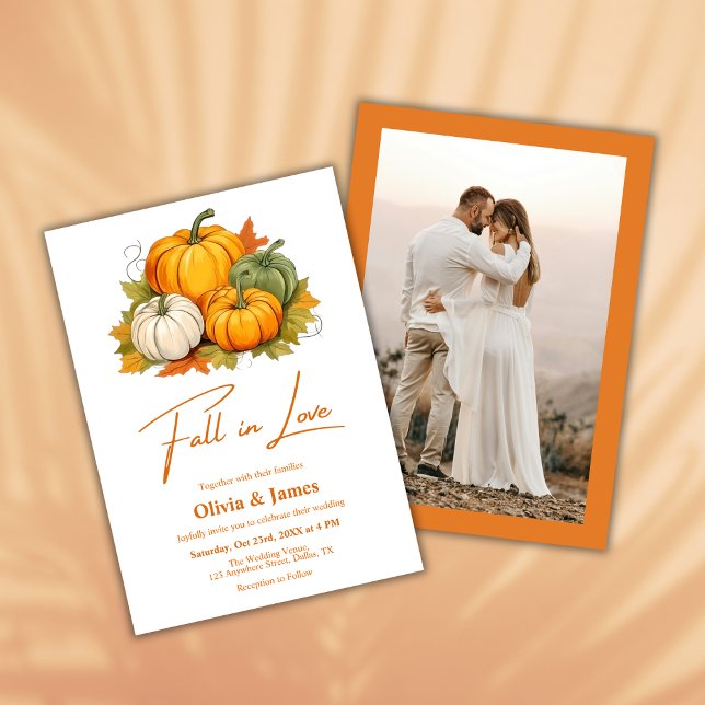 Invitación Caída enamorada Boda de fotos de calabaza rusa de  (Fall in Love Autumn Rustic Pumpkin Burnt Orange Photo Wedding Invitation )