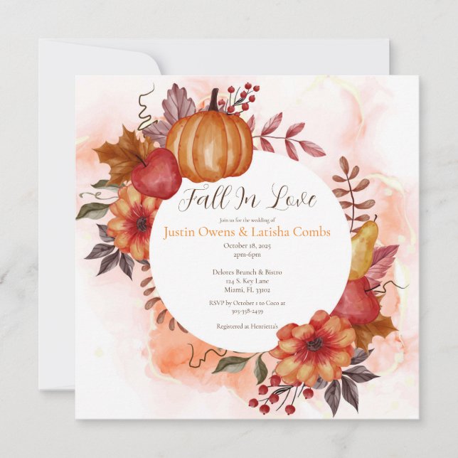 Invitación Caída Enamorada Ceremonia Boda De Calabaza De Otoñ (Anverso)