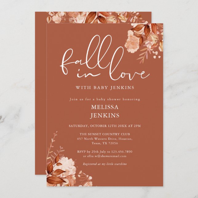 Invitación Caída Enamorada Rústica Floral Otoño Baby Shower (Anverso / Reverso)