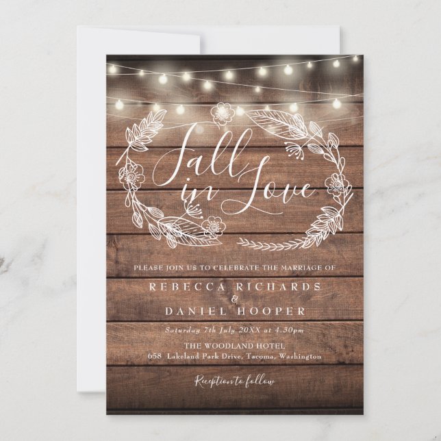 Invitación Caída Enamorada Rústica String Lights Otoño Boda (Anverso)